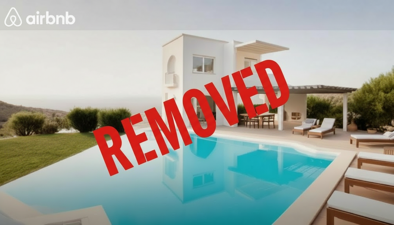 Mock Airbnb listing with REMOVED stamp - illustrating unregistered rental risks in Cyprus from May 2026