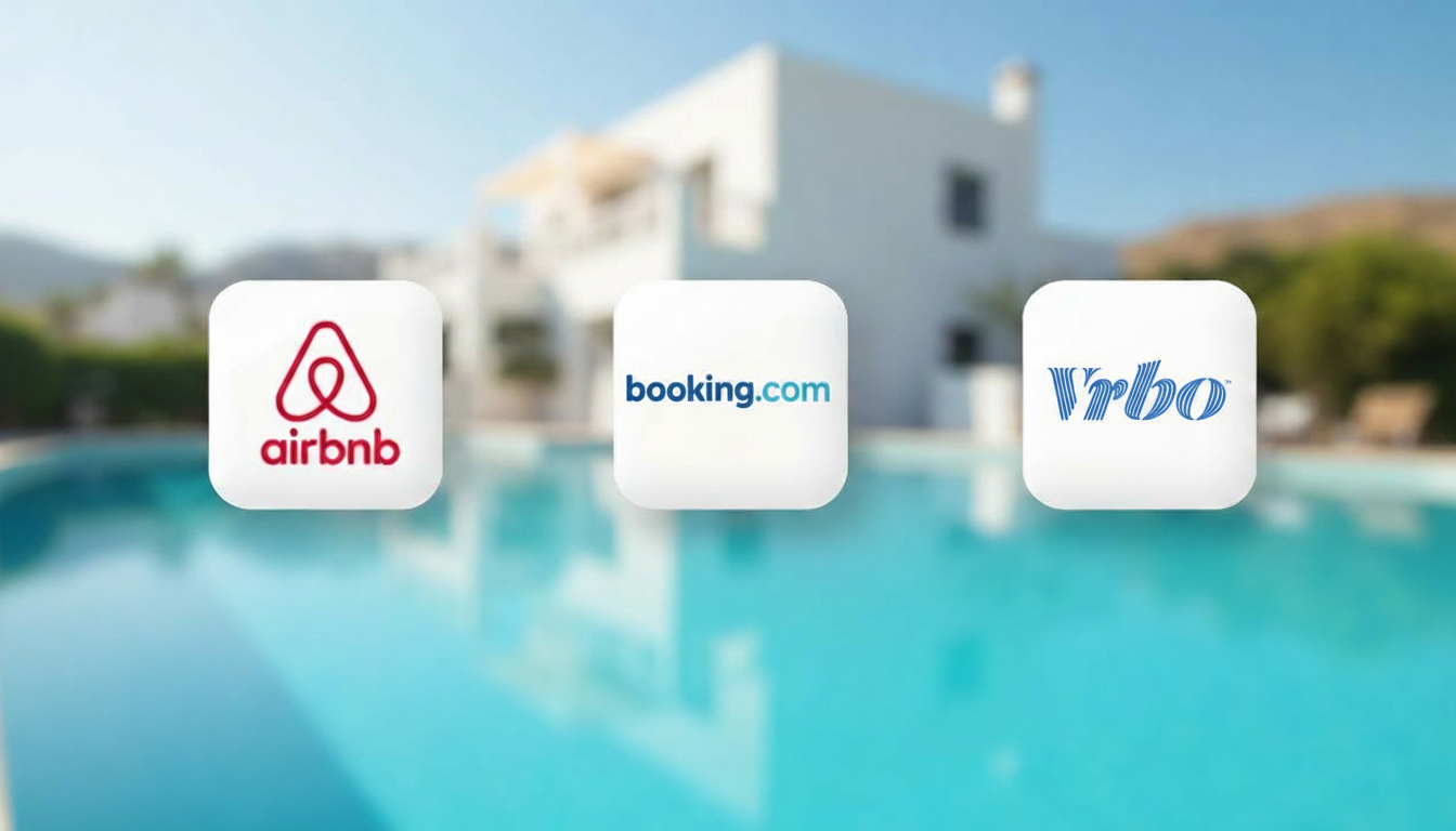 Airbnb, Booking.com and Vrbo logos over a Cyprus villa pool — 2026 rental compliance