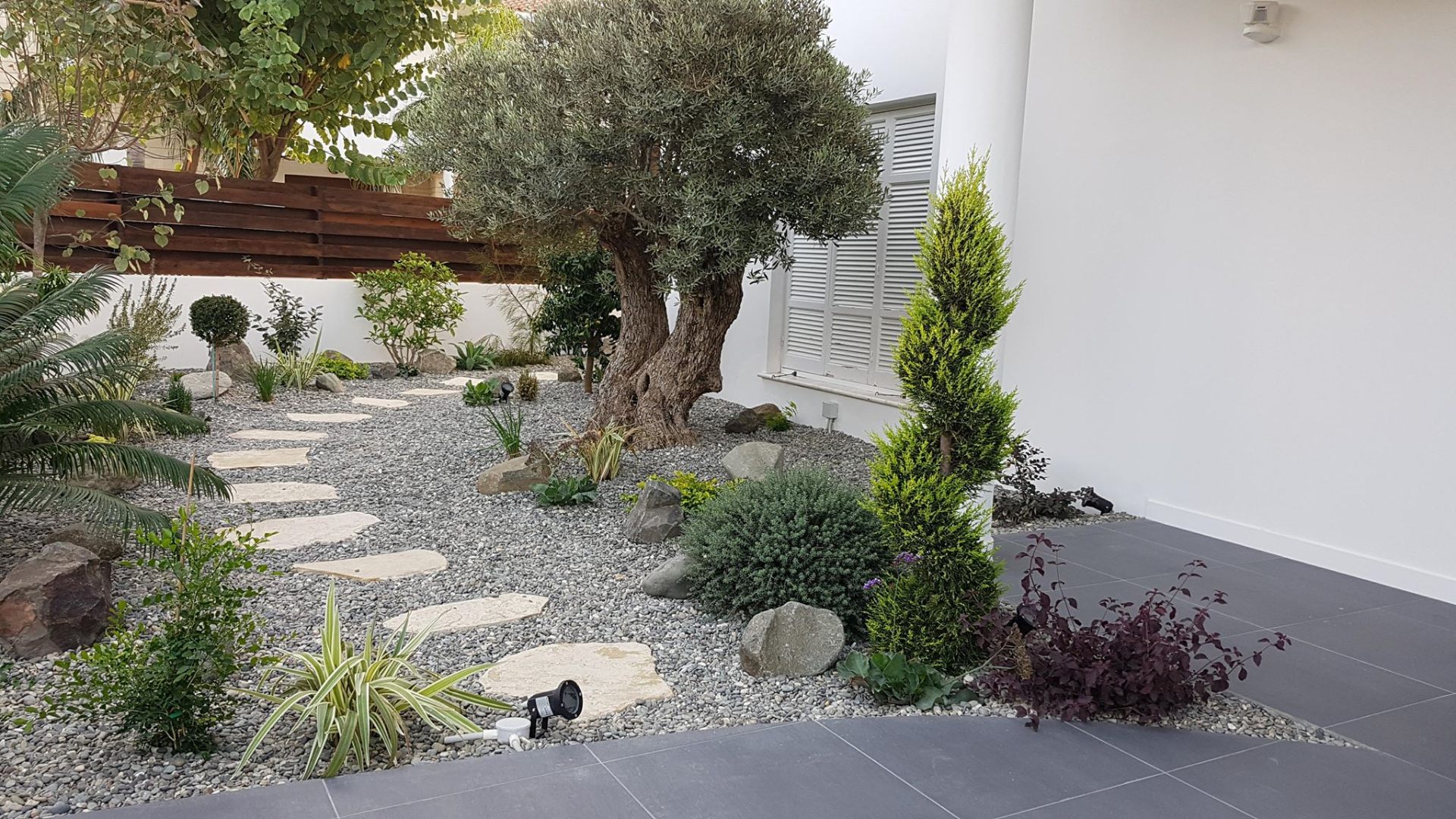 Mediterranean landscaping with drought-resistant plants and gravel pathways