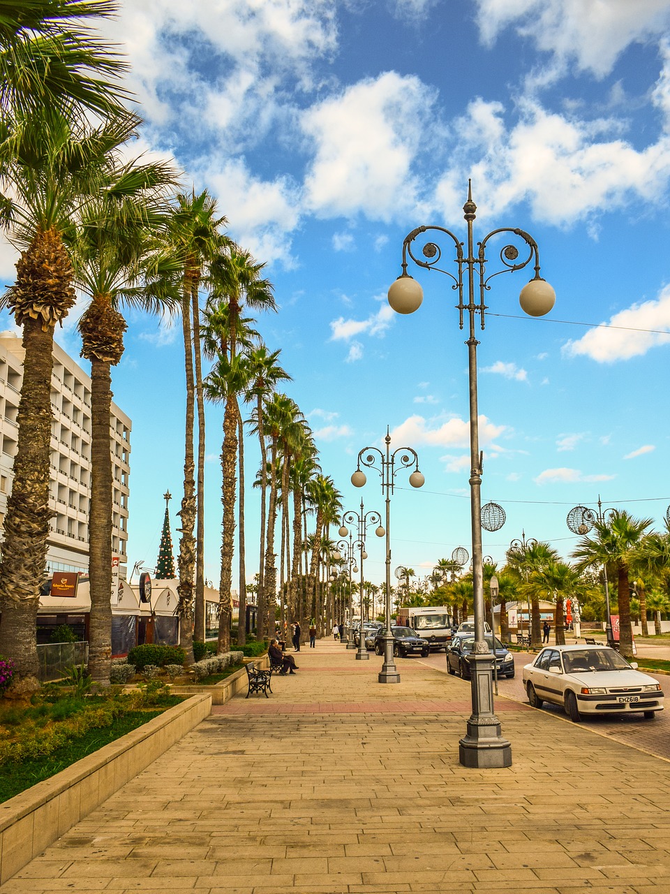 Larnaca Finikoudes promenade lined with tall palm trees and ornate vintage lampposts