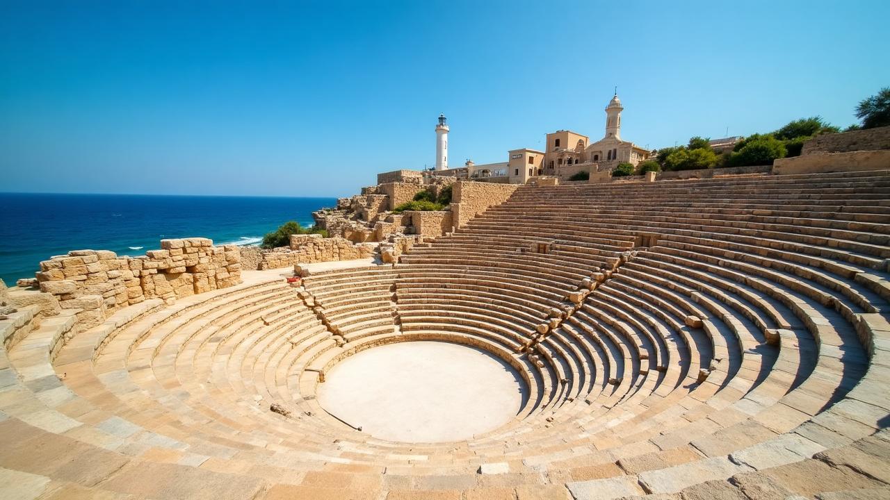 Paphos Archaeological Park with ancient amphitheatre and lighthouse - UNESCO World Heritage tourism infrastructure