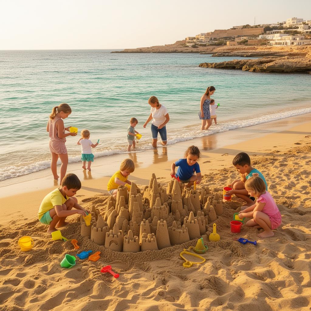 Children building sandcastles at Coral Bay beach in Paphos, Cyprus