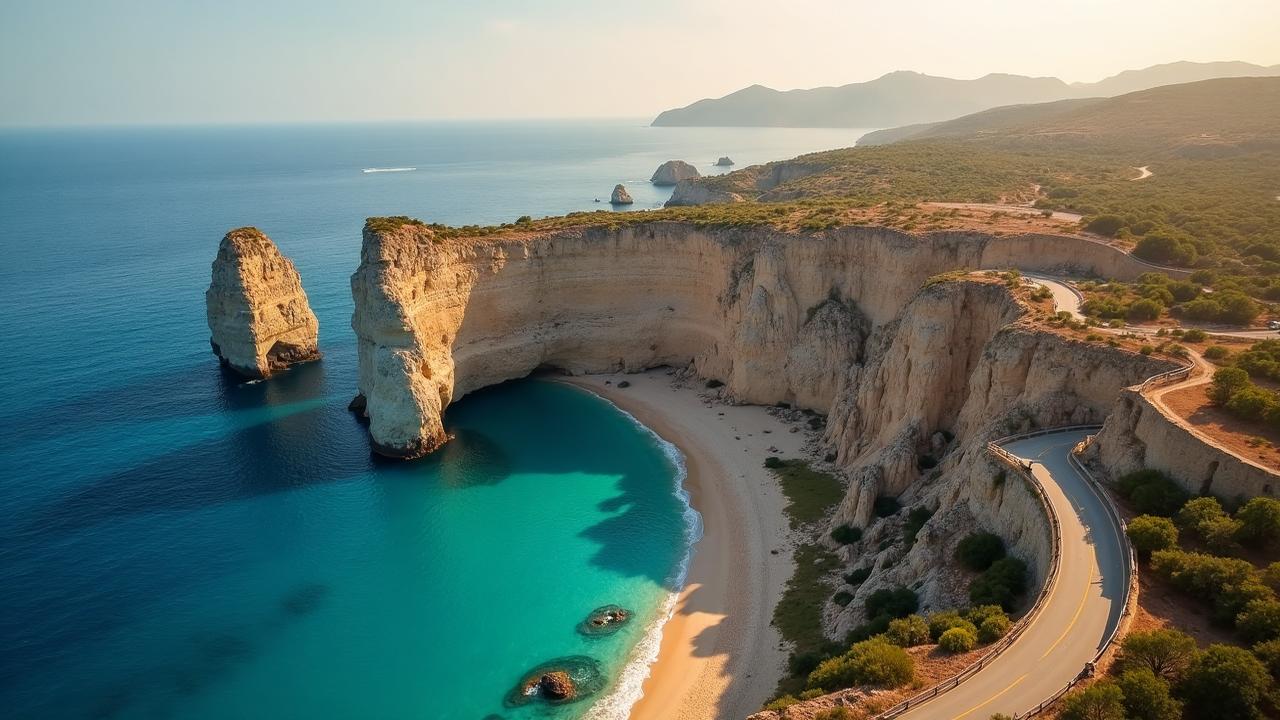 Aerial view of Petra tou Romiou (Aphrodite's Rock) coastline - iconic Paphos landmark